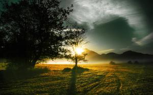 The rays of the morning sun, mountains and trees wallpaper thumb