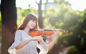 Violinist, east girl, forest, sunlight wallpaper thumb