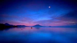 Lake, sunset, moon, mountains, blue water landscape pictures desktop wallpaper thumb