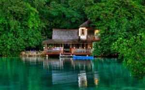 Jamaica scenery, green trees, the lake, the house wallpaper thumb