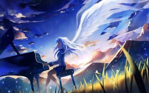 Anime Piano Grass Wings Angel Sunset HD wallpaper thumb