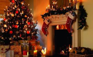 christmas tree, gifts, candles, fireplace, firewood, stockings, christmas, holiday wallpaper thumb