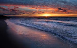 Sea waves, water, beach, sunset, sky, clouds, nature landscape wallpaper thumb