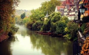 Germany landscape, fall, fog, river, boats, trees, houses wallpaper thumb
