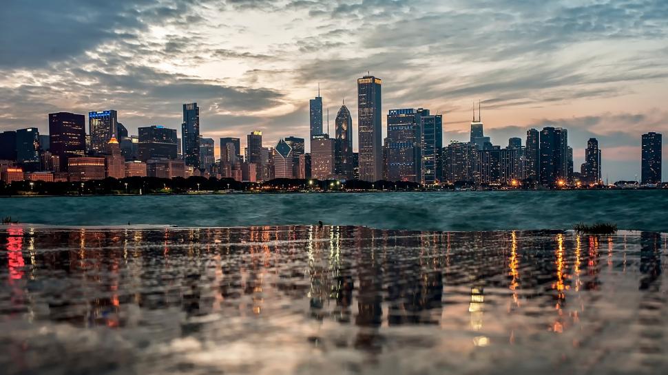 Chicago, water reflection, buildings, river, dusk, clouds wallpaper,Chicago HD wallpaper,Water HD wallpaper,Reflection HD wallpaper,Buildings HD wallpaper,River HD wallpaper,Dusk HD wallpaper,Clouds HD wallpaper,1920x1080 wallpaper