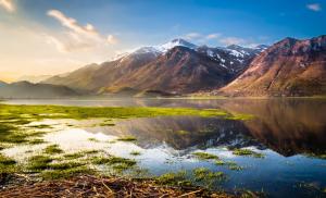Landscape, Lake, Mountain, Reflection, Water, Calm, Nature, Sunlight, Reeds, Snowy Peak wallpaper thumb