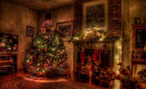 tree, christmas, holiday, garland, fireplace, toys, stockings wallpaper thumb