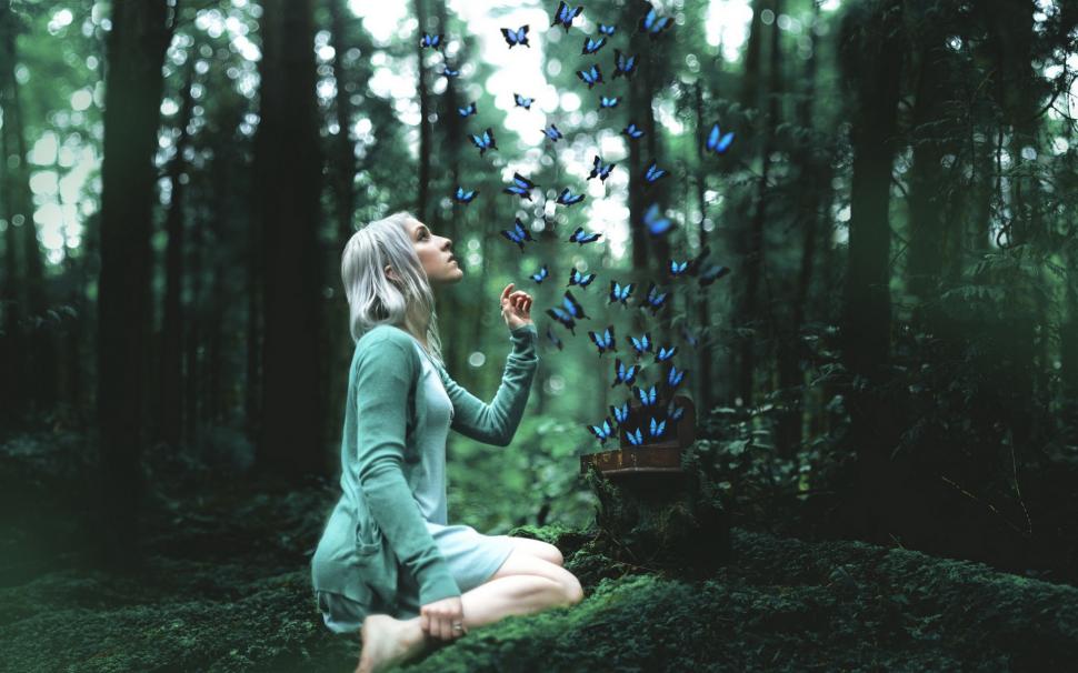 Girl with butterfly in the forest, design wallpaper,Girl HD wallpaper,Butterfly HD wallpaper,Forest HD wallpaper,Design HD wallpaper,1920x1200 wallpaper