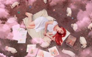 Red hair girl, books, rabbits, smoke wallpaper thumb