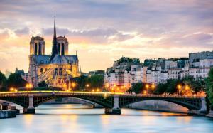 Paris, France, Notre Dame de Paris, lighting, bridge, Seine river, houses wallpaper thumb