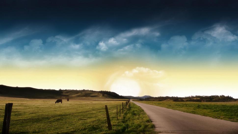 Country Road Into The Sun wallpaper,cows HD wallpaper,road HD wallpaper,fields HD wallpaper,sunset HD wallpaper,clouds HD wallpaper,nature & landscapes HD wallpaper,1920x1080 wallpaper