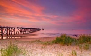 Nature, bridge, pier, sand, grass, sea, wave, horizon, pink sky wallpaper thumb
