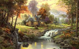 landscape, painting, art, house, forest, river, animals wallpaper thumb