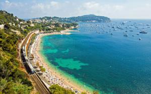 France, French Riviera, Mediterranean Sea, coast, railway, boat, beach, train, road wallpaper thumb