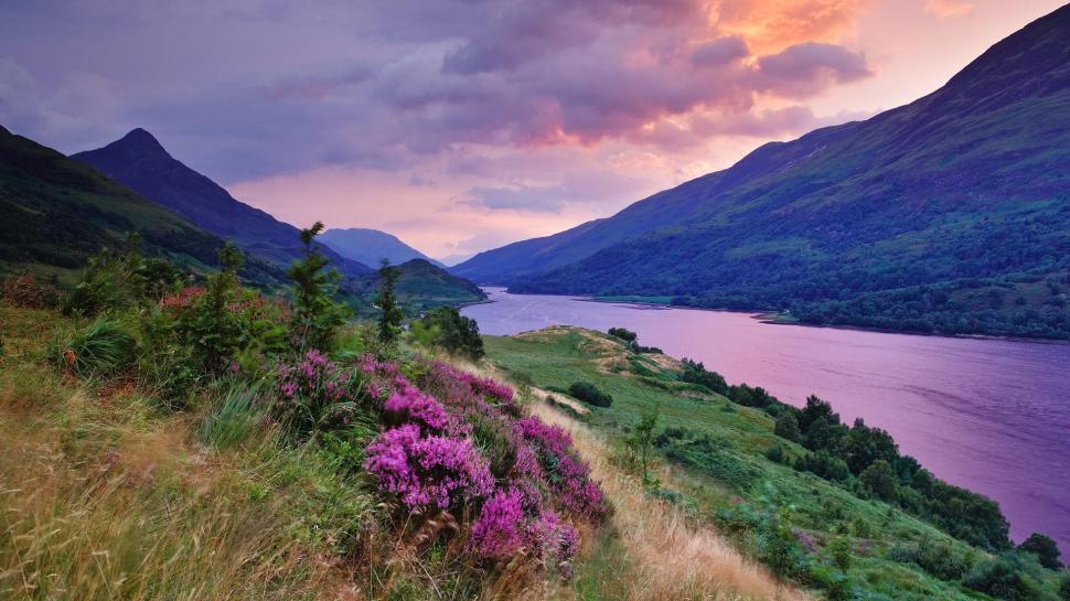 Glorious Color On A River In The Scottish Highl wallpaper,river HD wallpaper,clouds HD wallpaper,flowers HD wallpaper,mountains HD wallpaper,pink HD wallpaper,nature & landscapes HD wallpaper,1920x1080 wallpaper