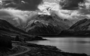 Nature, Landscape, Lake, Mountain, Road, Clouds, Monochrome, Scotland, Trees, Snowy Peak, Dark wallpaper thumb