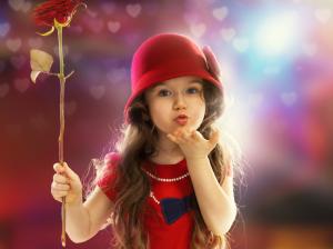 Cute red dress little girl, child, sweet kiss wallpaper thumb