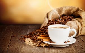Cup of coffee, drink, coffee beans, cinnamon, saucer wallpaper thumb