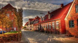 Red Brick Houses On A Cobblestone Street Hdr wallpaper thumb