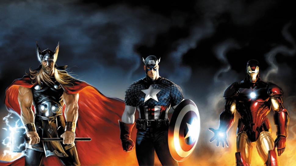 Avengers Thor Captain America Iron Man HD wallpaper,cartoon/comic HD wallpaper,man HD wallpaper,iron HD wallpaper,avengers HD wallpaper,america HD wallpaper,captain HD wallpaper,thor HD wallpaper,1920x1080 wallpaper