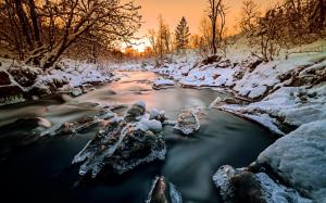 Norway, forest, trees, river, snow, ice, winter, sunset wallpaper thumb