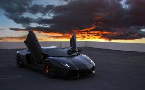 Lamborghini Aventador supercar, rooftop, red sky, clouds wallpaper thumb