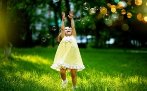 happiness, grass, bubbles, bokeh, trees, little girl, nature, green wallpaper thumb