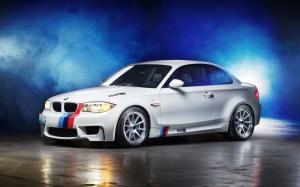 BMW 1M white coupe, smoke, blue, lights wallpaper thumb