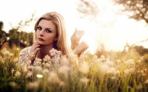 Blonde girl in grass, wildflowers, summer, sunshine wallpaper thumb