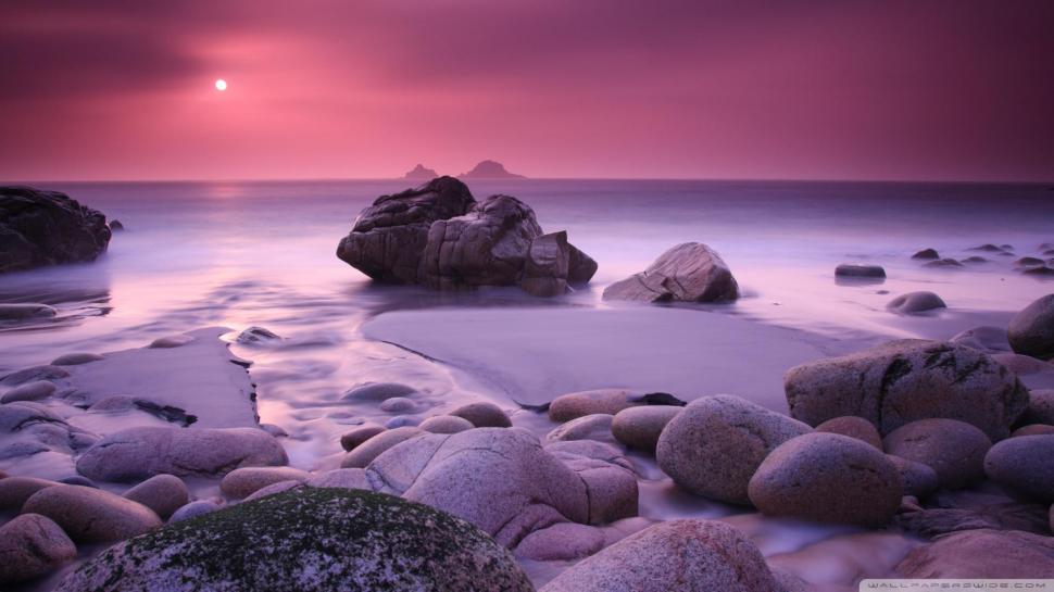 Amazing Purple Rocky Beach wallpaper,beach HD wallpaper,stones HD wallpaper,purple HD wallpaper,sunset HD wallpaper,nature & landscapes HD wallpaper,1920x1080 wallpaper