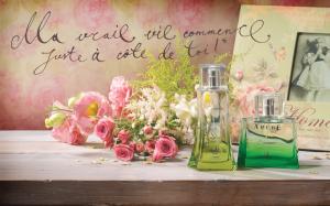 Still Life on the desktop, perfume, pink roses, photo frames wallpaper thumb
