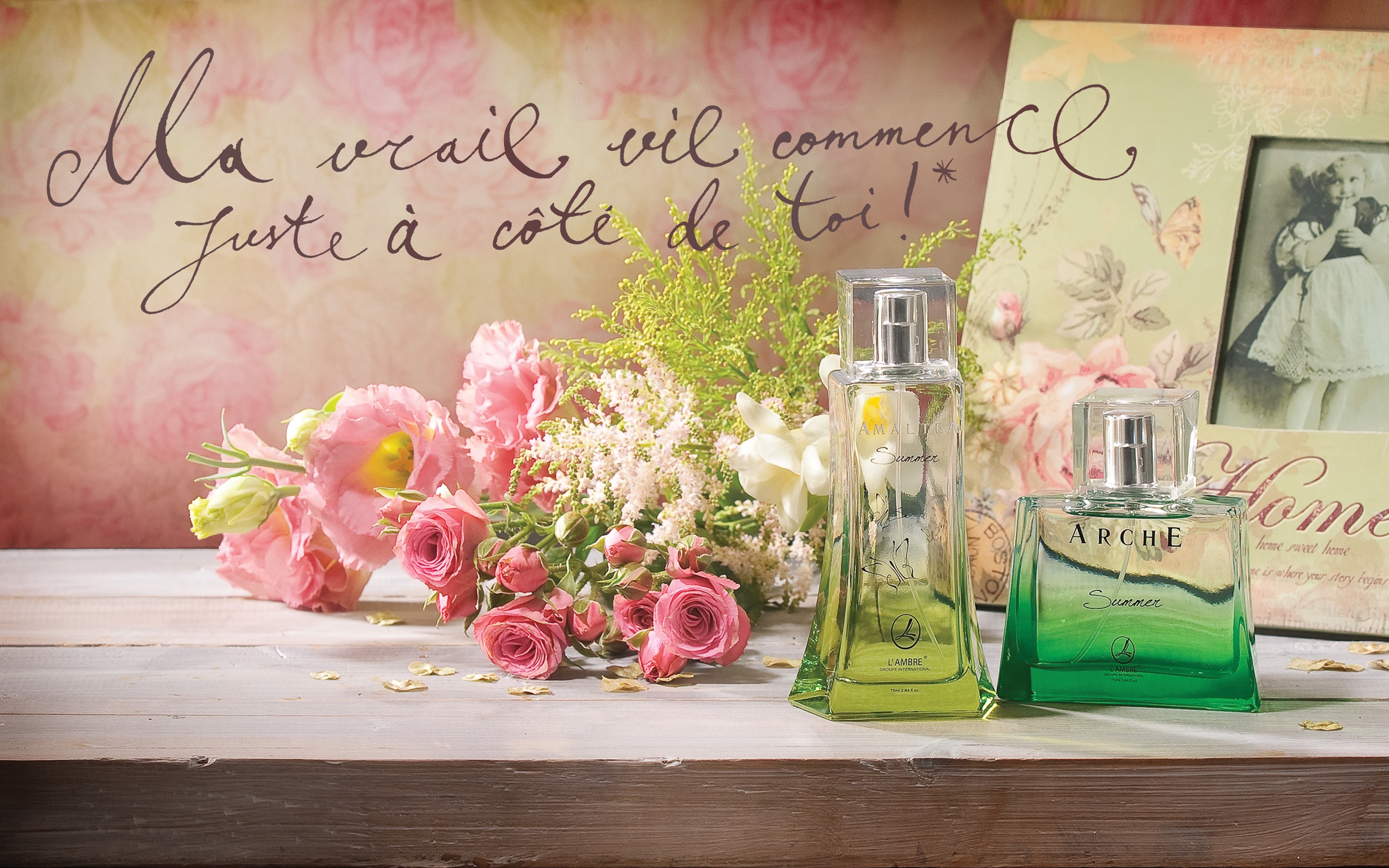 Still Life On The Desktop Perfume Pink Roses Photo Frames Wallpaper Other Wallpaper Better