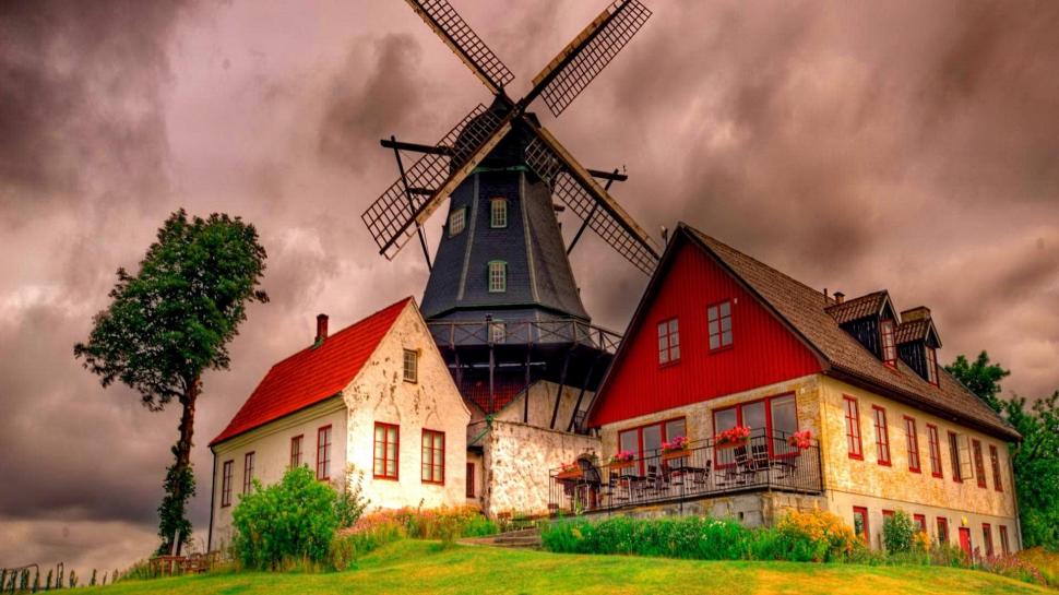 Beautiful Home With Windmill Out Back wallpaper,house HD wallpaper,windmill HD wallpaper,tree HD wallpaper,clouds HD wallpaper,nature & landscapes HD wallpaper,1920x1080 wallpaper