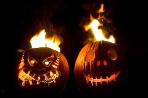 halloween, holiday, pumpkin, faces, steam, fire, black background wallpaper thumb