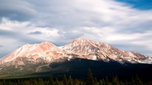 Mount Shasta, Stratovolcano, clouds, trees, California, USA wallpaper thumb