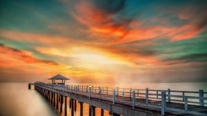 Bridge, pier, coast, sea, sunset wallpaper thumb