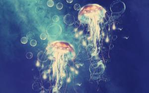 Jellyfish Digital Art Cg Underwater Ocean Sea Bubbles Photo Background wallpaper thumb