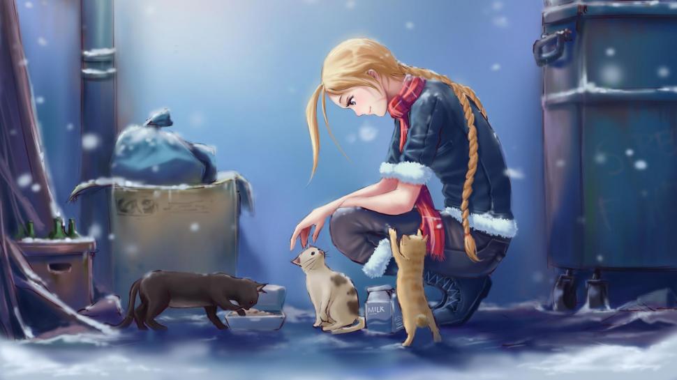 Winter, kind-hearted girl, street, stray cats, food, wallpaper,winter HD wallpaper,kind-hearted girl HD wallpaper,street HD wallpaper,stray cats HD wallpaper,food HD wallpaper,1920x1080 wallpaper