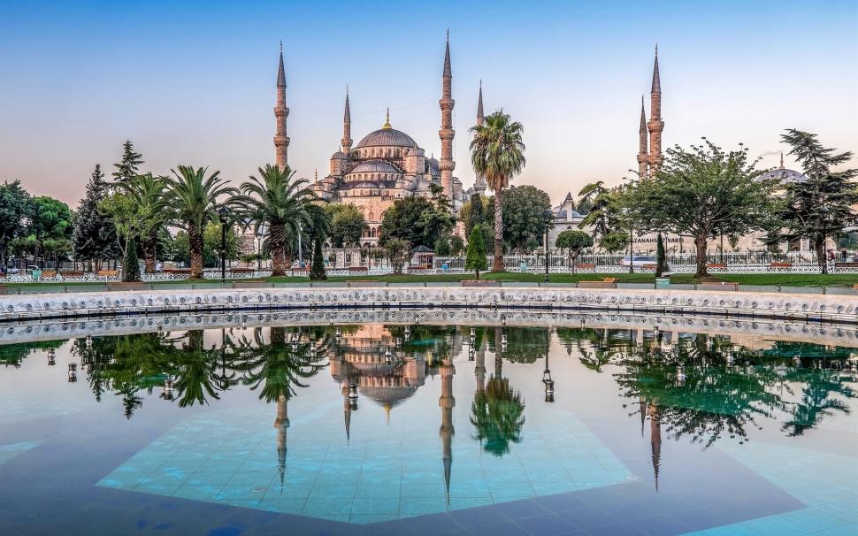 Blue Mosque, Sultan Ahmed Mosque, Istanbul, Turkey, pool, palm trees wallpaper,Blue HD wallpaper,Mosque HD wallpaper,Istanbul HD wallpaper,Turkey HD wallpaper,Pool HD wallpaper,Palm HD wallpaper,Trees HD wallpaper,1920x1200 wallpaper