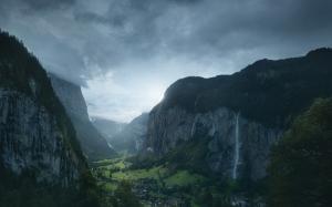 Nature, Landscape, Switzerland, Village, Waterfall, Valley, Mountain, Morning, Mist, Forest wallpaper thumb