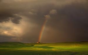 Landscape, Nature, Rainbows, Clouds, House, Field, Hill, Grass, Green wallpaper thumb