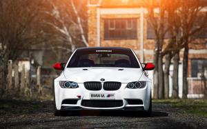 BMW M3 E92 white car, sunset, front view, trees wallpaper thumb