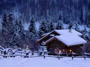 House Cabin Tree Forest Trees Winter Snow Fence HD wallpaper thumb