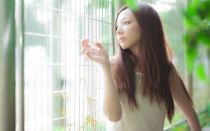 Long hair asian girl, light, fence wallpaper thumb