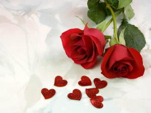 roses, flowers, two, red, heart, love wallpaper thumb