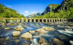 Rogaland, Norway, river, stone bridge, rocks, mountains, trees wallpaper thumb