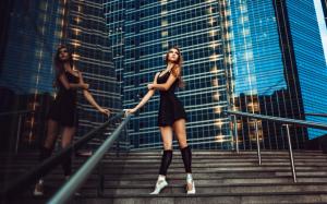 Black dress girl, city, ballerina, grace, stairs wallpaper thumb