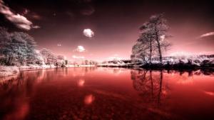 Winter, river, sky, snow, trees, grass, leaves, purple style wallpaper thumb