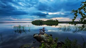 Pond, lake, early morning beauty, stones, woods, water plants, blue style wallpaper thumb