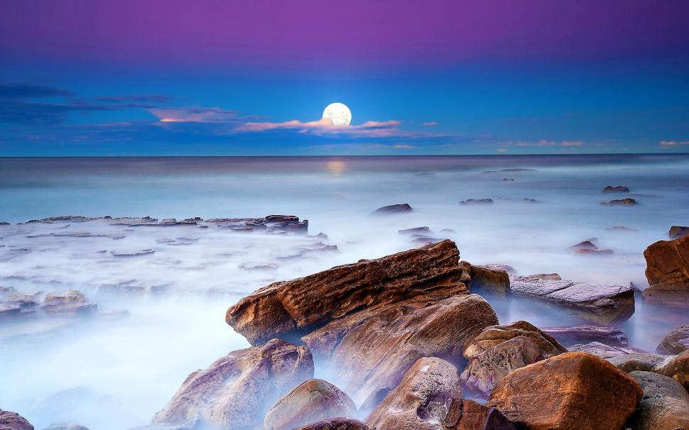 Night, moon, sea, stones wallpaper | nature and landscape | Wallpaper Better